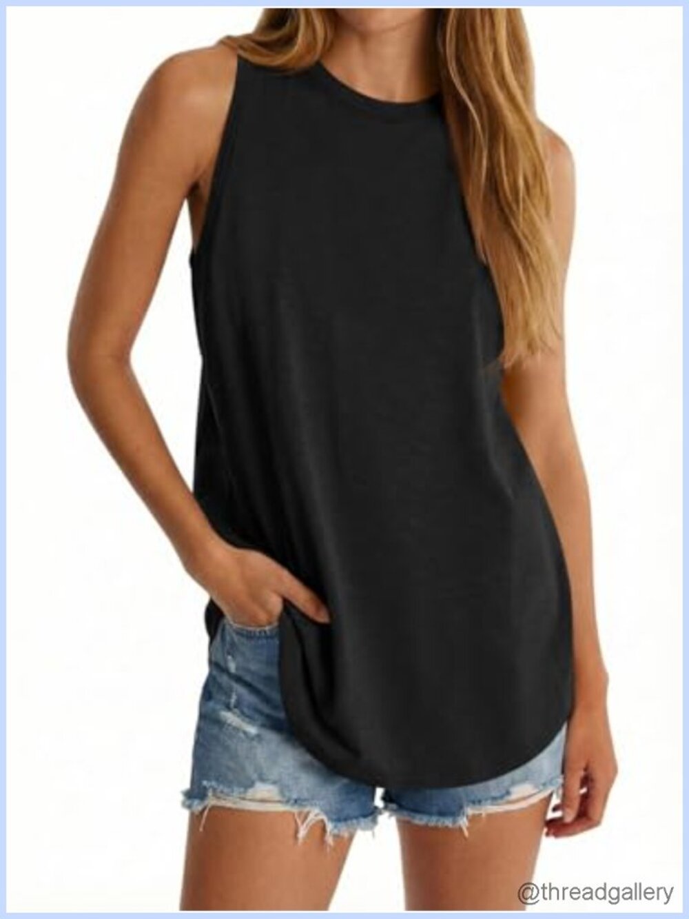 Oversized Long Tank Top High Neck Sleeveless Curved Hem Tunic